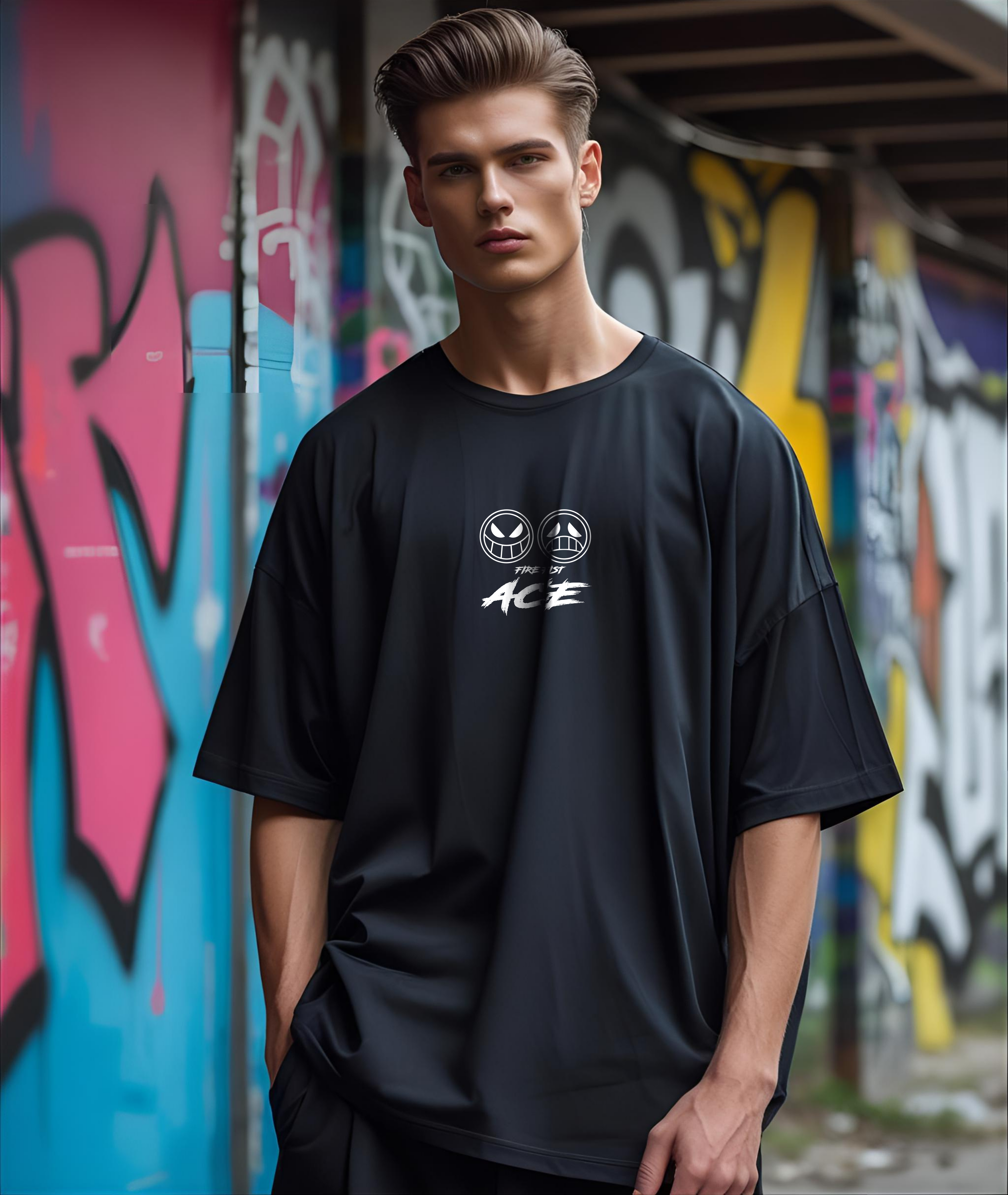 One Piece – Fire Fist Ace Oversized Black T-Shirt