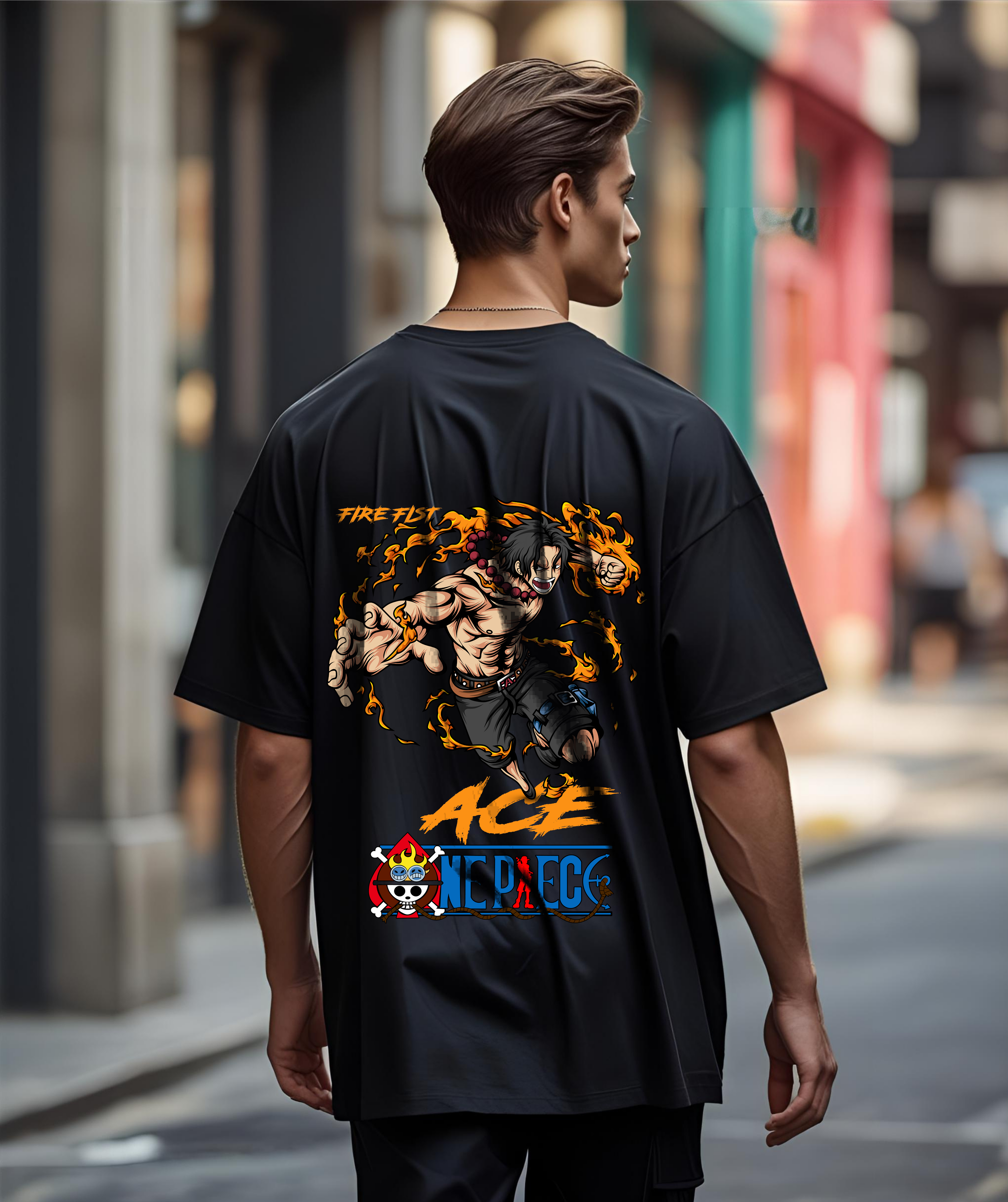 One Piece – Fire Fist Ace Oversized Black T-Shirt